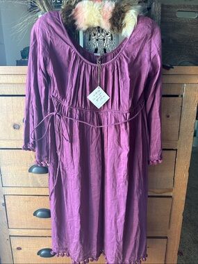 Boho Pom-Pom Matta Tie-Waist Women's Dress in Plum